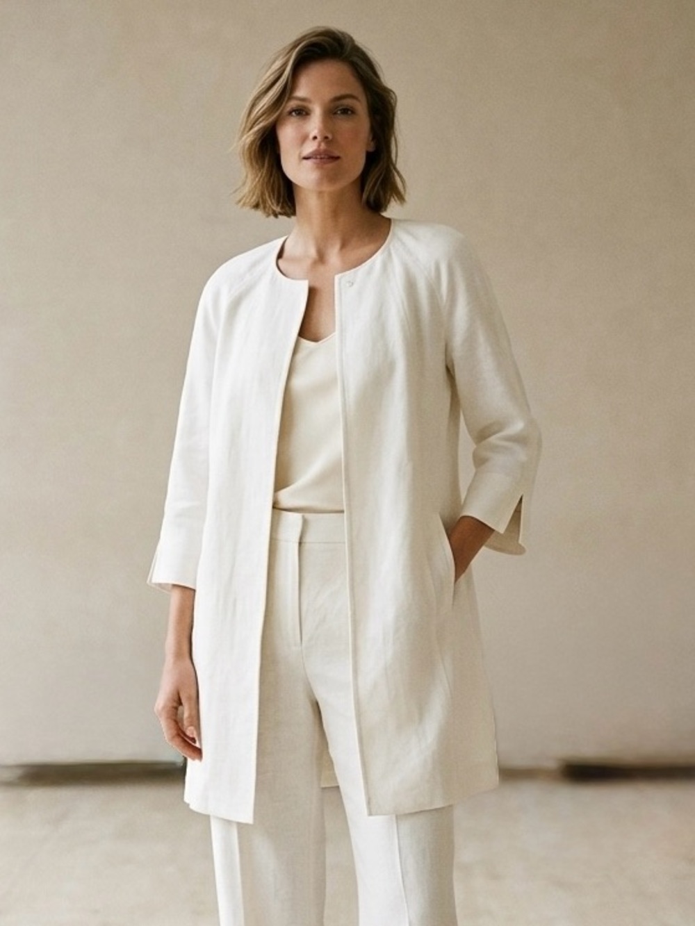 Talbots Irish Linen Long Line Open Front Jacket Size Medium White